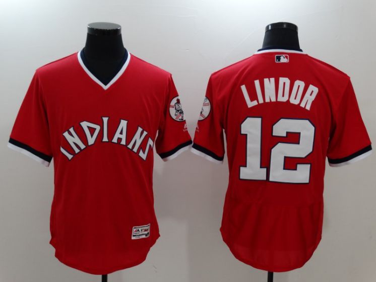 Men Cleveland Indians #12 Francisco Lindor Red Throwback MLB Jerseys